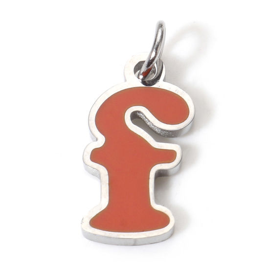 Immagine di 1 Pz 304 Acciaio Inossidabile Charms Lettere Minuscole Tono Argento Rosso Arancione Messaggio " F " Smalto