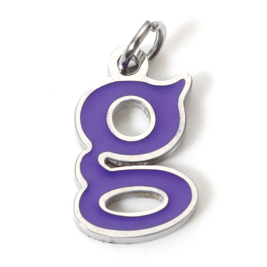 Immagine di 1 Pz 304 Acciaio Inossidabile Charms Lettere Minuscole Tono Argento Colore Viola Messaggio " G " Smalto 15mm x 7.5mm