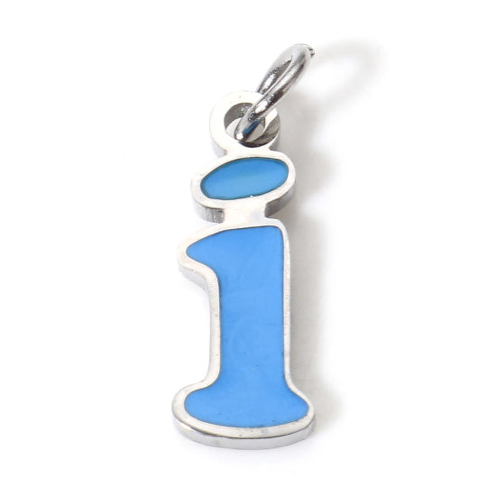 Immagine di 1 Pz 304 Acciaio Inossidabile Charms Lettere Minuscole Tono Argento Blu Messaggio " I " Smalto 15mm x 5mm