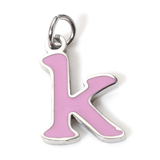 Immagine di 1 Pz 304 Acciaio Inossidabile Charms Lettere Minuscole Tono Argento Lilla Pallido Messaggio " K " Smalto 15mm x 8.5mm