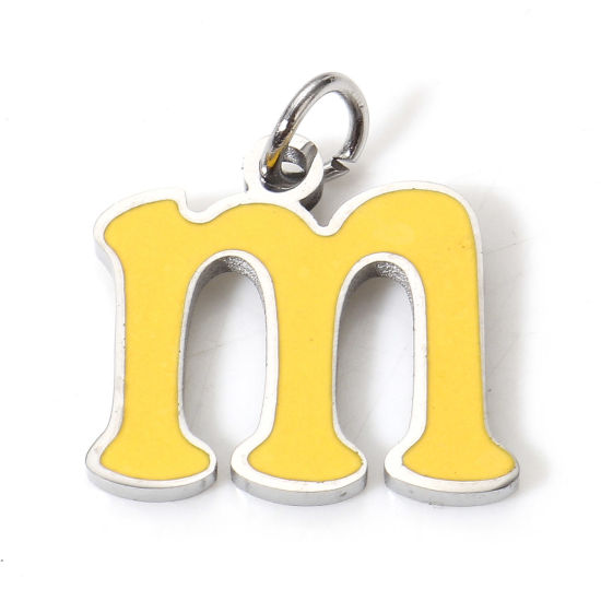 Immagine di 1 Pz 304 Acciaio Inossidabile Charms Lettere Minuscole Tono Argento Giallo Messaggio " M " Smalto 14mm x 12mm
