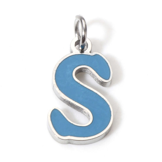 Immagine di 1 Pz 304 Acciaio Inossidabile Charms Lettere Minuscole Tono Argento Blu Pavone Messaggio " S " Smalto 15mm x 7mm