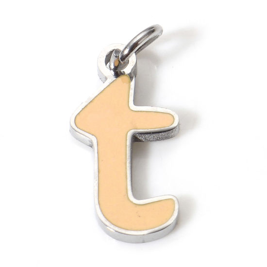Immagine di 1 Pz 304 Acciaio Inossidabile Charms Lettere Minuscole Tono Argento Arancione Chiara Messaggio " T " Smalto 15mm x 6mm