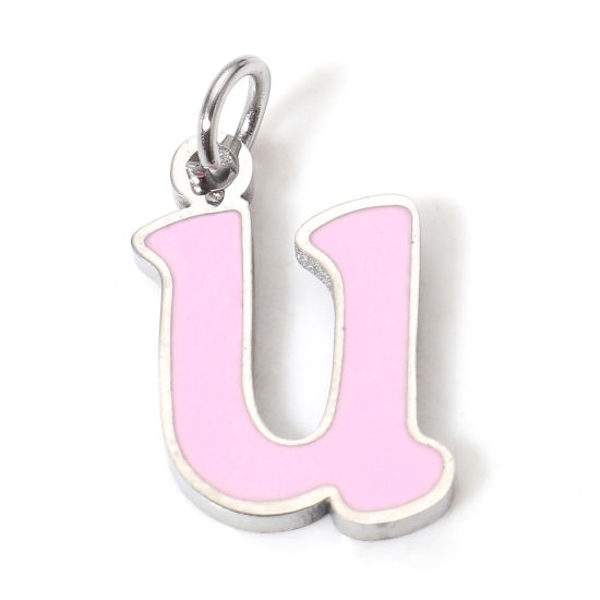 Immagine di 1 Pz 304 Acciaio Inossidabile Charms Lettere Minuscole Tono Argento Rosa Messaggio " U " Smalto 15mm x 8mm