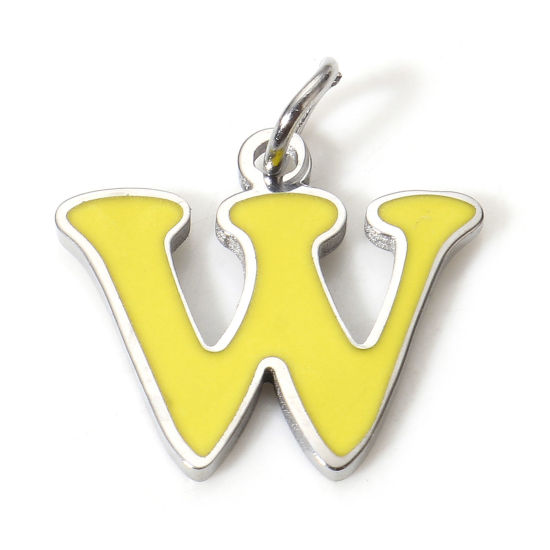 Immagine di 1 Pz 304 Acciaio Inossidabile Charms Lettere Minuscole Tono Argento Chartreuse Messaggio " W " Smalto 15mm x 13mm
