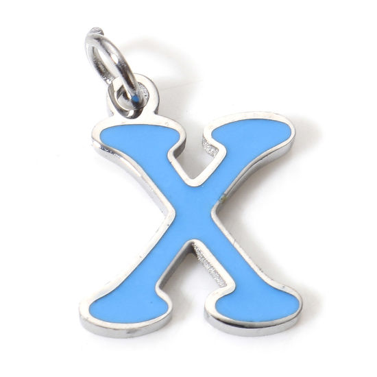 Immagine di 1 Pz 304 Acciaio Inossidabile Charms Lettere Minuscole Tono Argento Blu Messaggio " X " Smalto 15mm x 9mm
