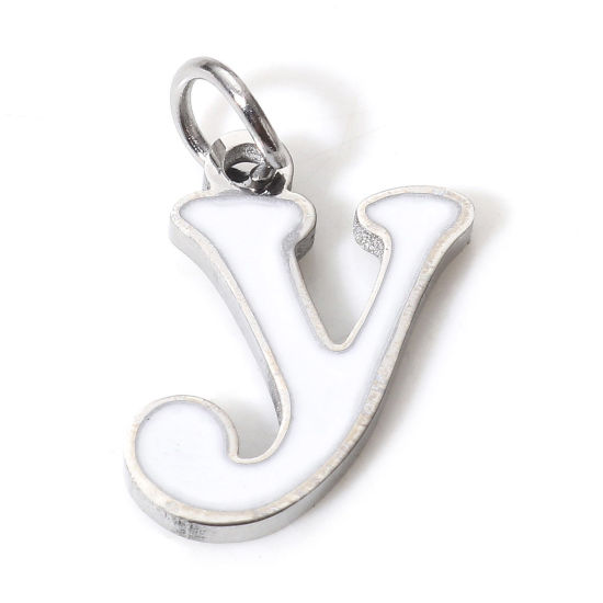 Immagine di 1 Pz 304 Acciaio Inossidabile Charms Lettere Minuscole Tono Argento Bianco Messaggio " Y " Smalto 14mm x 8mm