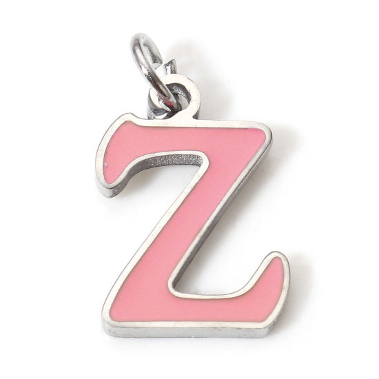Immagine di 1 Pz 304 Acciaio Inossidabile Charms Lettere Minuscole Tono Argento Rosa Caldo Messaggio " Z " Smalto 15mm x 8mm