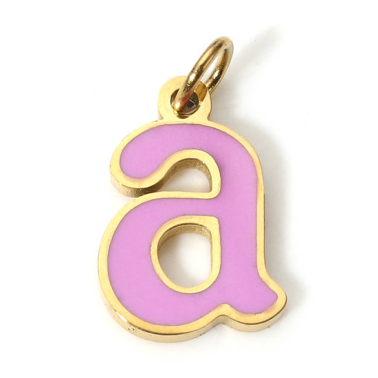 Immagine di 1 Pz 304 Acciaio Inossidabile Charms Lettere Minuscole Oro Placcato Lilla Pallido Messaggio " A " Smalto 15mm x 8.5mm