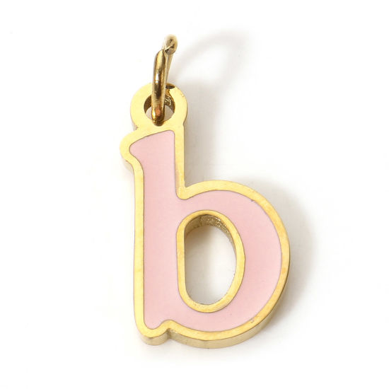 Immagine di 1 Pz 304 Acciaio Inossidabile Charms Lettere Minuscole Oro Placcato Rosa Pesca Messaggio " B " Smalto 15mm x 7mm