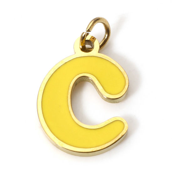 Immagine di 1 Pz 304 Acciaio Inossidabile Charms Lettere Minuscole Oro Placcato Giallo Messaggio " C " Smalto 15mm x 9mm