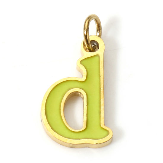 Immagine di 1 Pz 304 Acciaio Inossidabile Charms Lettere Minuscole Oro Placcato Verde Messaggio " D " Smalto 15mm x
