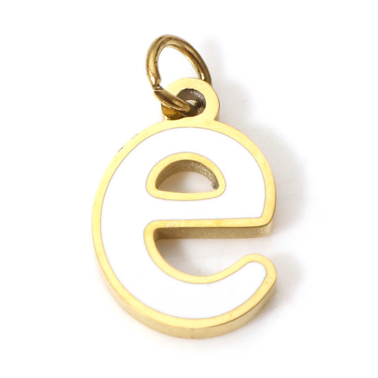 Immagine di 1 Pz 304 Acciaio Inossidabile Charms Lettere Minuscole Oro Placcato Bianco Messaggio " E " Smalto 15mm x 8mm