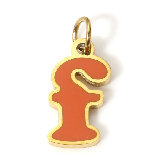 Immagine di 1 Pz 304 Acciaio Inossidabile Charms Lettere Minuscole Oro Placcato Rosso Arancione Messaggio " F " Smalto 15mm x 7mm