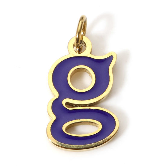 Immagine di 1 Pz 304 Acciaio Inossidabile Charms Lettere Minuscole Oro Placcato Blu Viola Messaggio " G " Smalto 15mm x 7.5mm