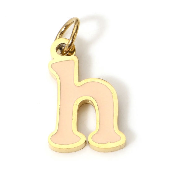 Immagine di 1 Pz 304 Acciaio Inossidabile Charms Lettere Minuscole Oro Placcato Beige Chiaro Messaggio " H " Smalto 14mm x 7.5mm
