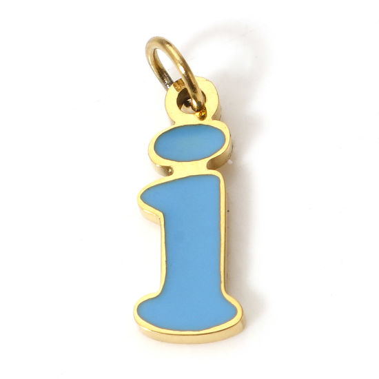 Immagine di 1 Pz 304 Acciaio Inossidabile Charms Lettere Minuscole Oro Placcato Blu Messaggio " I " Smalto 15mm x 5mm