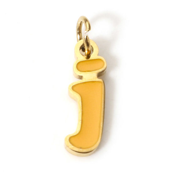 Immagine di 1 Pz 304 Acciaio Inossidabile Charms Lettere Minuscole Oro Placcato Arancione Chiara Messaggio " J " Smalto 14mm x 4mm