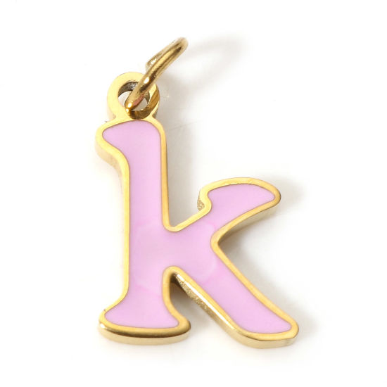 Immagine di 1 Pz 304 Acciaio Inossidabile Charms Lettere Minuscole Oro Placcato Lilla Pallido Messaggio " K " Smalto 15mm x 8.5mm