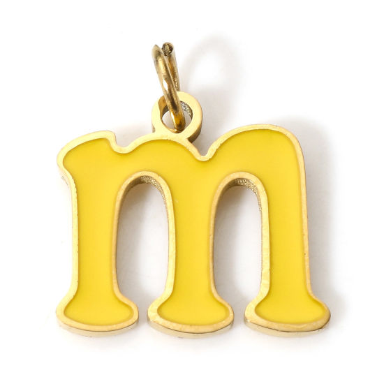 Immagine di 1 Pz 304 Acciaio Inossidabile Charms Lettere Minuscole Oro Placcato Giallo Messaggio " M " Smalto 14mm x 12mm