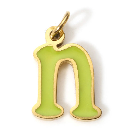 Immagine di 1 Pz 304 Acciaio Inossidabile Charms Lettere Minuscole Oro Placcato Verde Messaggio " N " Smalto 14mm x 8mm