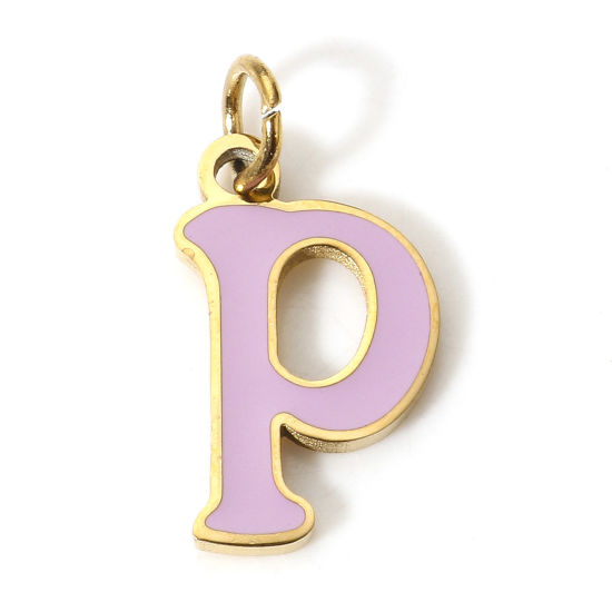 Immagine di 1 Pz 304 Acciaio Inossidabile Charms Lettere Minuscole Oro Placcato Viola Chiaro Messaggio " P " Smalto 15mm x 7mm