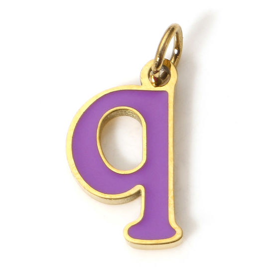 Immagine di 1 Pz 304 Acciaio Inossidabile Charms Lettere Minuscole Oro Placcato Colore Viola Messaggio " Q " Smalto 15mm x 7mm