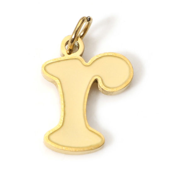 Immagine di 1 Pz 304 Acciaio Inossidabile Charms Lettere Minuscole Oro Placcato Beige Chiaro Messaggio " R " Smalto 15mm x 9mm