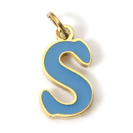 Immagine di 1 Pz 304 Acciaio Inossidabile Charms Lettere Minuscole Oro Placcato Blu Pavone Messaggio " S " Smalto 15mm x 7mm