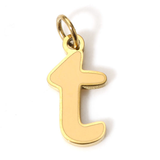 Immagine di 1 Pz 304 Acciaio Inossidabile Charms Lettere Minuscole Oro Placcato Arancione Chiara Messaggio " T " Smalto 14mm x 6mm