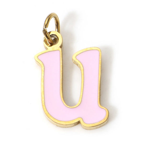 Immagine di 1 Pz 304 Acciaio Inossidabile Charms Lettere Minuscole Oro Placcato Rosa Messaggio " U " Smalto 15mm x 8mm