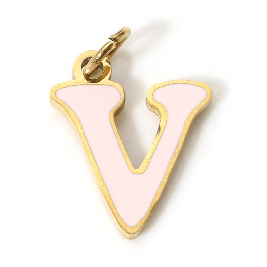 Immagine di 1 Pz 304 Acciaio Inossidabile Charms Lettere Minuscole Oro Placcato Rosa Chiaro Messaggio " V " Smalto 14mm x 10mm