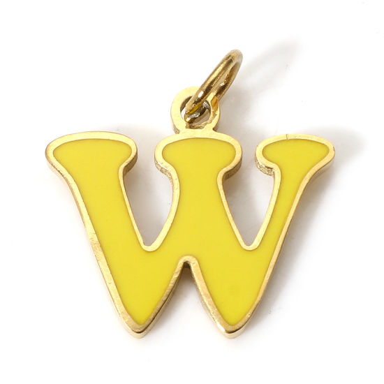 Immagine di 1 Pz 304 Acciaio Inossidabile Charms Lettere Minuscole Oro Placcato Chartreuse Messaggio " W " Smalto 15mm x 13mm