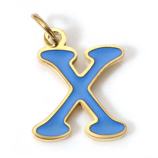 Immagine di 1 Pz 304 Acciaio Inossidabile Charms Lettere Minuscole Oro Placcato Blu Messaggio " X " Smalto 15mm x 9mm