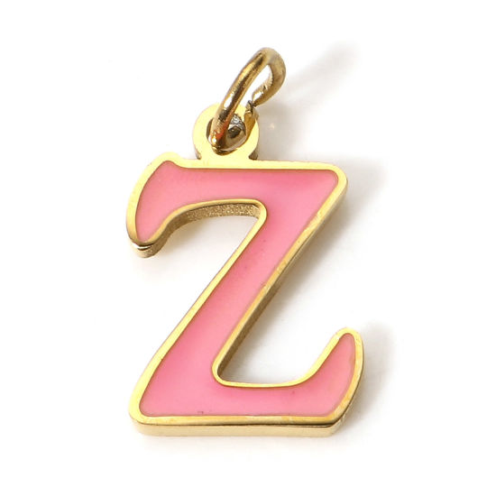 Immagine di 1 Pz 304 Acciaio Inossidabile Ciondoli Oro Placcato Rosa Pesca Lettere Minuscole Messaggio " Z " Smalto 15mm x 8mm