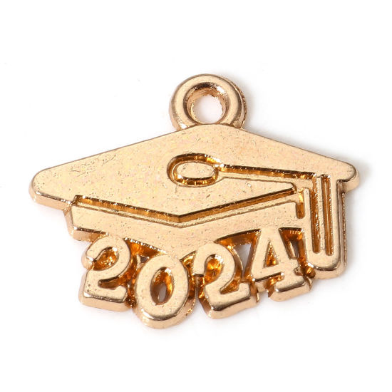Picture of 50 PCs Zinc Based Alloy College Jewelry Charms KC Gold Plated Trencher Cap Message " 2024 " 18mm x 15mm