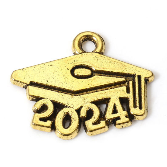 Picture of 50 PCs Zinc Based Alloy College Jewelry Charms Gold Tone Antique Gold Trencher Cap Message " 2024 " 18mm x 15mm