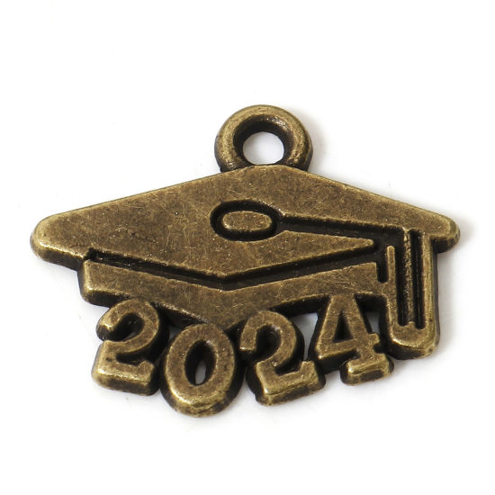 Picture of 50 PCs Zinc Based Alloy College Jewelry Charms Antique Bronze Trencher Cap Message " 2024 " 18mm x 15mm