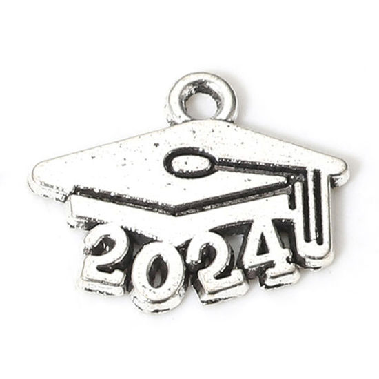 Picture of 50 PCs Zinc Based Alloy College Jewelry Charms Antique Silver Color Trencher Cap Message " 2024 " 18mm x 15mm
