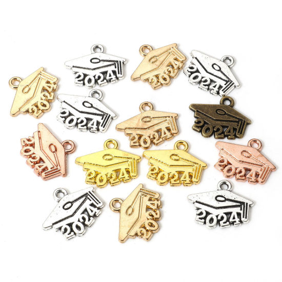 Picture of 30 PCs Zinc Based Alloy College Jewelry Charms At Random Mixed Color Trencher Cap Message " 2024 " 18mm x 15mm