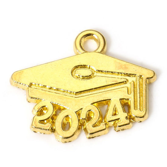Picture of 50 PCs Zinc Based Alloy College Jewelry Charms Gold Plated Trencher Cap Message " 2024 " 18mm x 15mm