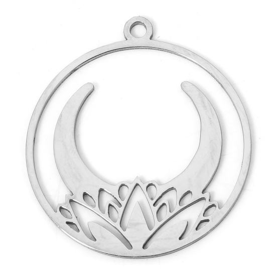 Image de 2 Pcs Breloques en 304 Acier Inoxydable Galaxie Rond Argent Mat Fleur de Lotus Creux 2.6cm x 2.3cm