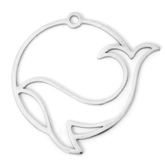 Image de 2 Pcs Breloques en 304 Acier Inoxydable Bijoux d'Océan Rond Argent Mat Baleine Creux 2.8cm x 2.7cm