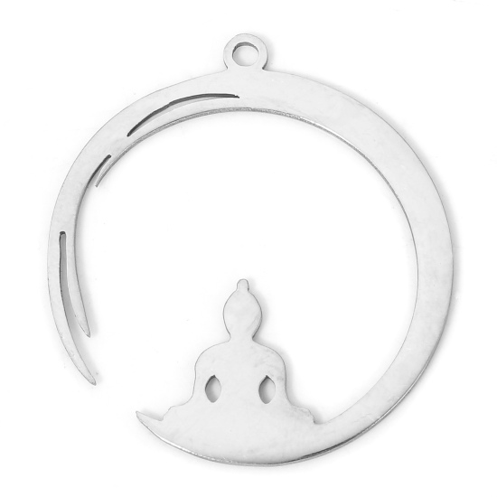 Image de 2 Pcs Breloques en 304 Acier Inoxydable Religieux Yoga Argent Mat Lune Creux 3cm x 2.6cm