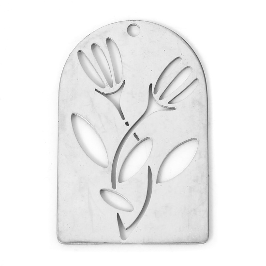 Image de 2 Pcs Breloques en 304 Acier Inoxydable Élégant Géométrique Argent Mat Fleurs Creux 2.7cm x 1.7cm