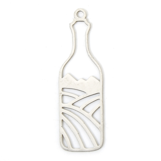 Picture of 3 PCs 304 Stainless Steel Geometry Series Pendants Silver Tone Wine Bottle Wave Hollow 4.4cm