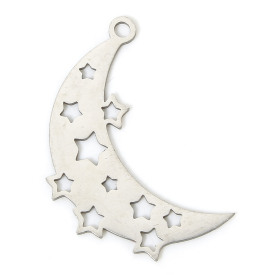 Picture of 3 PCs 304 Stainless Steel Galaxy Pendants Silver Tone Half Moon Star Hollow 3.5cm