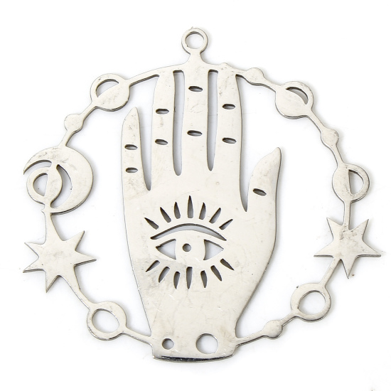 Picture of 3 PCs 304 Stainless Steel Religious Pendants Silver Tone Round Hamsa Symbol Hand Hollow 3.9cm