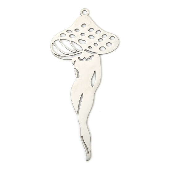 Picture of 3 PCs 304 Stainless Steel Women's Pendants Silver Tone Mushroom Girl Hollow 6.2cm
