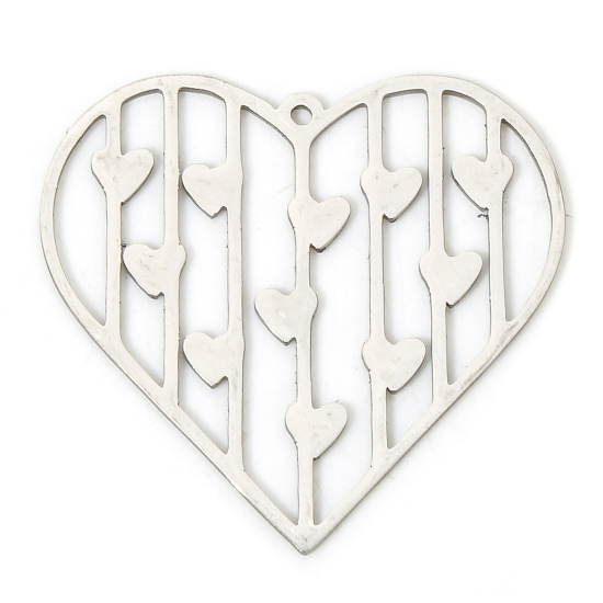 Picture of 3 PCs 304 Stainless Steel Valentine's Day Pendants Silver Tone Heart Hollow 3.2cm